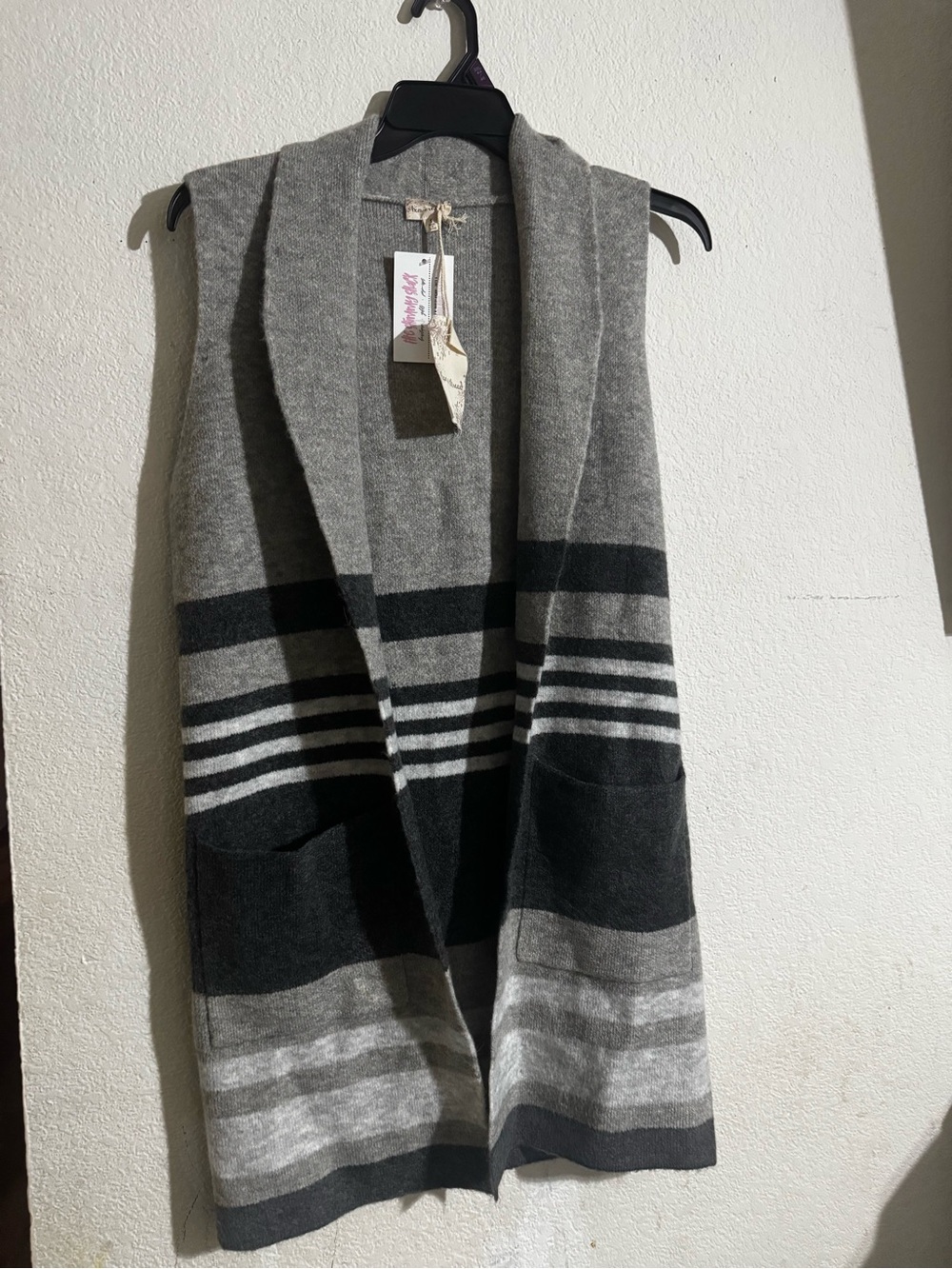 Striped Gray Sleeveless Open Cardigan Vest